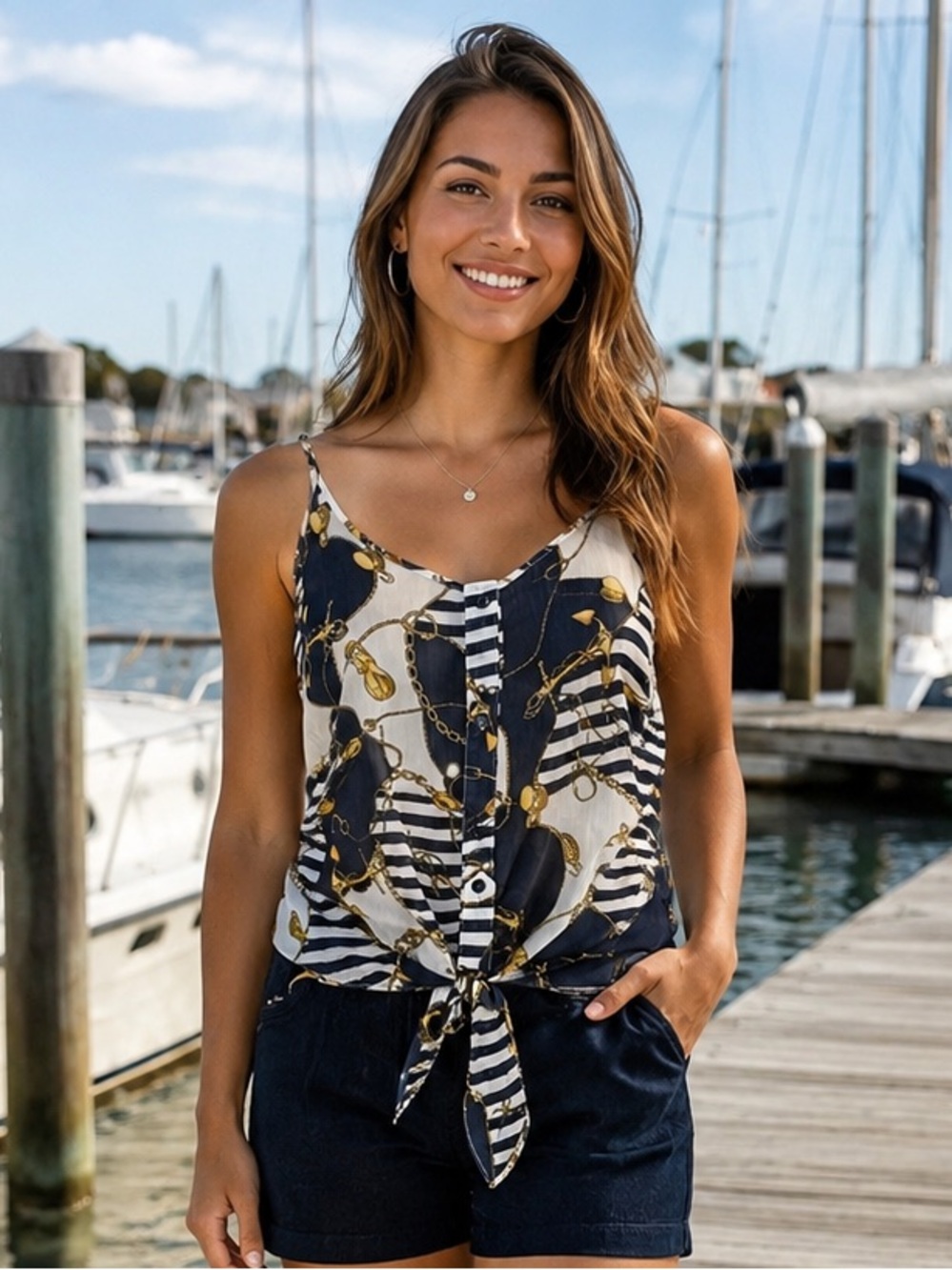 Sans Souci Navy, White & Gold Chain-Print Tie-Front Cami